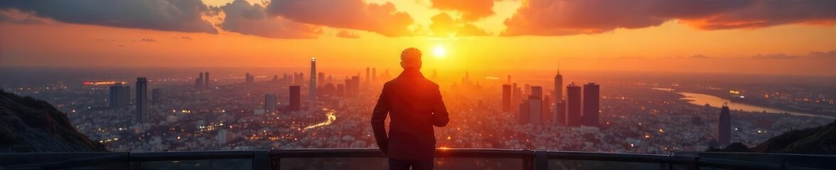 Confident leader standing at the helm, overlooking a vast cityscape at sunset A powerful image symbolizing vision, success, and strategic thinking in business and beyond , inspiration, cityscape