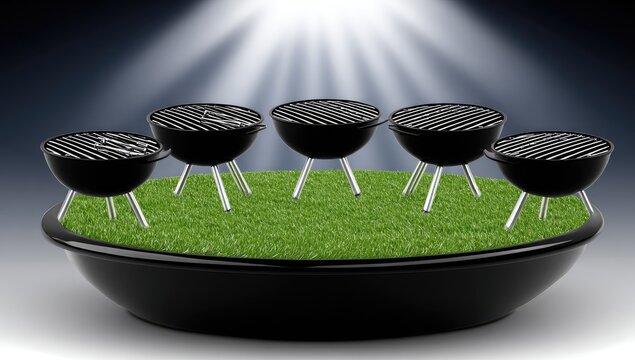 Five black grills on green grass in a bowl