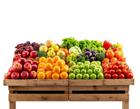 Fresh fruit and vegetable market stall with colorful produce isolated on transparent background PNG