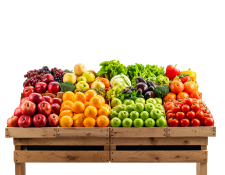  Fresh fruit and vegetable market stall with colorful produce isolated on transparent background PNG