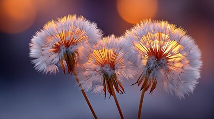 Obraz premium Three Dandelion Seed Heads Glowing in Sunset Light.