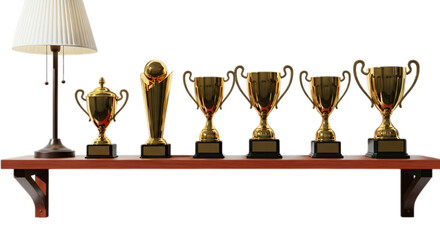 Photo of collection of golden trophies displayed on a shelf isolated on transparent background