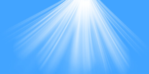 Obraz premium Bright rays of the sun on the background of the blue sky. Sunlight effect. Realistic 3D vector illustration.