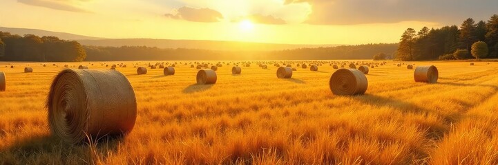 Dense stacks of hay bales form a golden, sun-drenched forest, stretching as far as the eye can see A picturesque rural scene, perfect for autumnal themes or harvest celebrations , shadow, rural