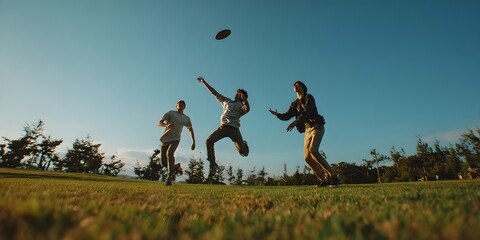 Three friends mid-air leaping to catch a frisbee on wide grassy field under blue sky, perfect for sports ads, youth activity content