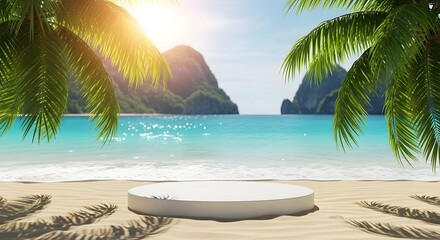 Fototapeta premium Tropical beach paradise with palm trees and turquoise water in summer