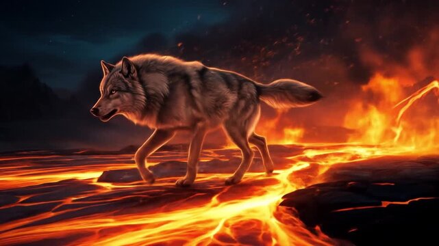 A solitary wild fire wolf, a canine predator, stands in the night while a horse roams the desert