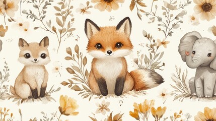 Adorable fox, kit fox, and baby elephant amidst autumnal floral designs