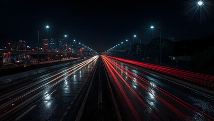 Fototapeta premium Long Exposure Night Traffic on Wet Highway