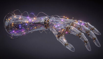 MIEMBRO ROBÓTICO TRANSPARENTE CON CABLEADO INTRINCADO Y LUCES LED