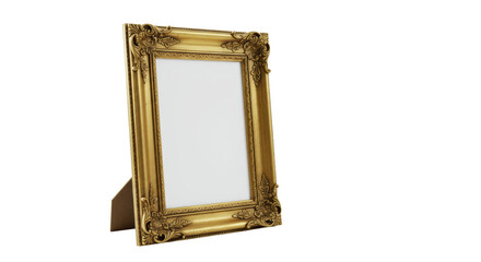 An ornate antique gold picture frame, empty, with intricate carvings and a rich sheen, isolated on a seamless transparent background with copy space, premium display concept