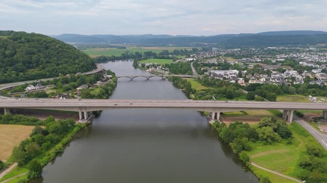 Moselle Viaduct Schweich near Trier, bridge of highway crossing the Mosel river in the valley, german autobahn, aerial view