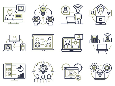 Remote work, freelance, online business and webinar icon set of 12 for blogs, websites, clipart for cards, training, productivity tips, presentations and apps - Powered by Adobe