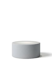 Minimal cylindrical display stand with fine stone grain texture, cool grey concrete tone, smooth lighting, high-resolution 3D render, isolated on pure white background.
