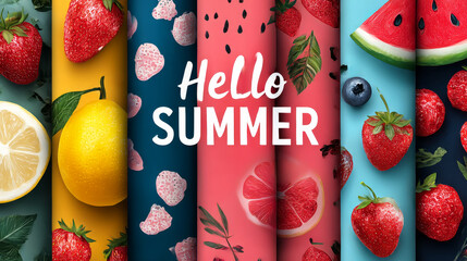Stylish summer poster strawberry set in flat style. Bright fruit compositions. Set of flyers, posters, banners, placards, brochure design. Hello Summer, backgrounds with slices of fruits.  Vector
