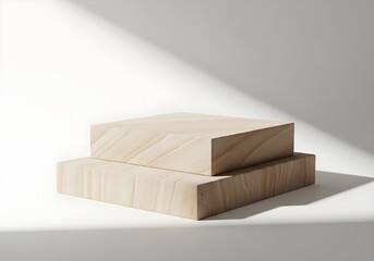 Two-level stone podium in warm beige sandstone, lightly textured surface, realistic light falloff, and minimal aesthetic, isolated on pure white background.
