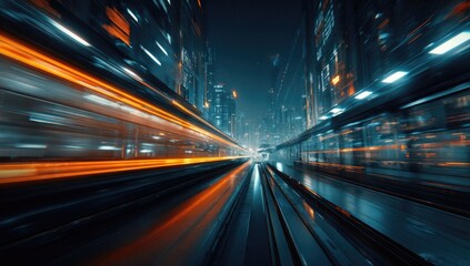 Obraz premium Urban train tracks blur with city lights at night