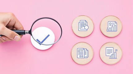 Audit and compliance checklist with magnifying glass for business process review checkmark