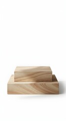 Two-level stone podium in warm beige sandstone, lightly textured surface, realistic light falloff, and minimal aesthetic, isolated on pure white background.

