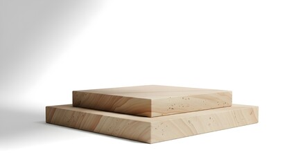 Two-level stone podium in warm beige sandstone, lightly textured surface, realistic light falloff, and minimal aesthetic, isolated on pure white background.
