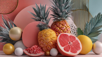 Stylish summer poster pineapple set in flat style. Bright fruit compositions. Set of flyers, posters, banners, placards, brochure design. Hello Summer, backgrounds with slices of fruits.  Vector