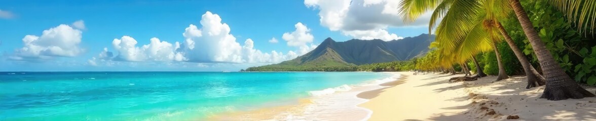 Fototapeta premium Tranquil Hawaiian Beach Golden Sand, Turquoise Waters, Swaying Palm Trees, Tropical Paradise Escape