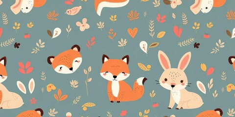 Adorable bear, fox, and bunny seamless pattern  Perfect for kids' bedding, fabric, and more,  baby pattern,  fun