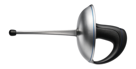 Rubber-tipped fencing saber with a metal guard and ergonomic handle for safe practice