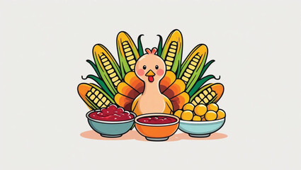 Cartoon turkey with corn and cranberry sauce for Thanksgiving vector