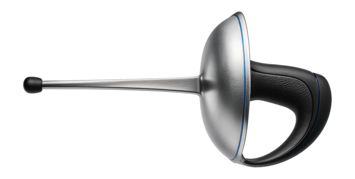 Rubber-tipped fencing saber with a metal guard and ergonomic handle for safe practice