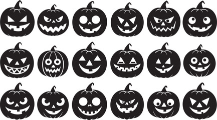 Halloween Pumpkin Carvings Silhouettes with Various Expressions for Holiday Decor