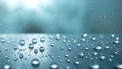 Fototapeta premium Raindrops on a window pane with blurred foliage in the background, sunlight.