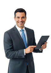 Professional photography in isolated transparent background of smiling businessman holding tablet, symbolizing technology, corporate communication, and digital success