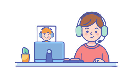 Illustration of a boy wearing headphones sitting at a computer with video call on screen