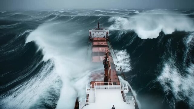 Cargo ship battling stormy ocean waves