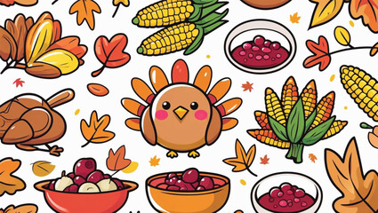 Cute cartoon turkey corn and autumn leaves Thanksgiving pattern cranberry sauce