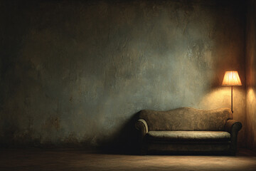 TEXTURA DE PARED CÁLIDA Y SOFÁ EN INTERIOR OSCURO