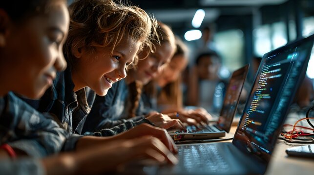 Excited Middle School Students Coding Together on Laptops in Bright Tech Classroom perfect for STEM education ads, computer science programs, afterschool tech club and youth coding initiative campaign