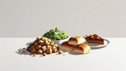 Pile of stuffing salad rolls and slice of pecan pie on white surface green salad cherry tomatoes