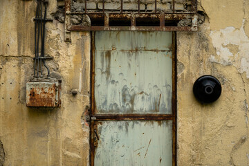 Old rusty metal door with peeling paint and corroded frame on a weathered industrial wall with...