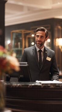 Professional male hotel manager standing confidently behind the reception desk in hotel lobby, warmly greeting guests with a friendly and professional welcome smile. 
