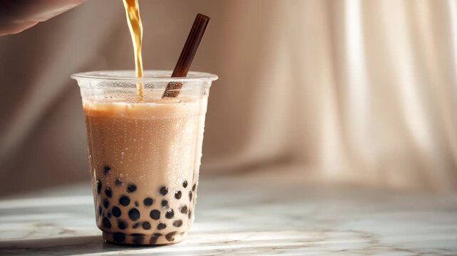 Iced milk tea with tapioca pearls and straw