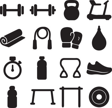Set of Fitness Silhouettes  Gym Workouts, Weightlifting, Yoga, Running & Exercise Icons