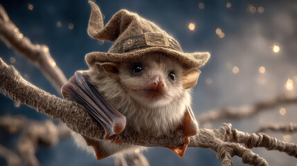 Obraz premium Adorable bat in witch hat close up
