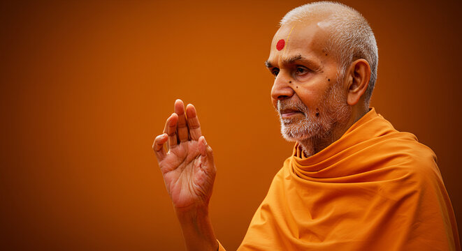 Portrait of Pramukh Swami Maharaj delivering spiritual discourse in saffron robe
