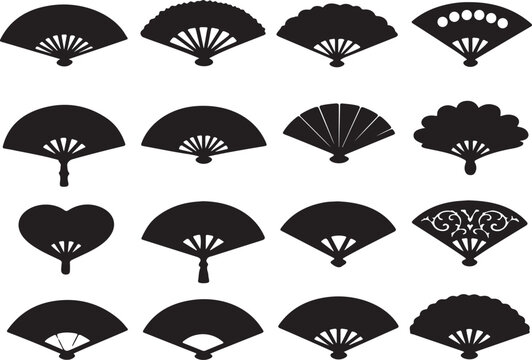 Set of Folding Fan Silhouettes Traditional Hand Fans, Oriental Folding Fans & Decorative Designs Vector