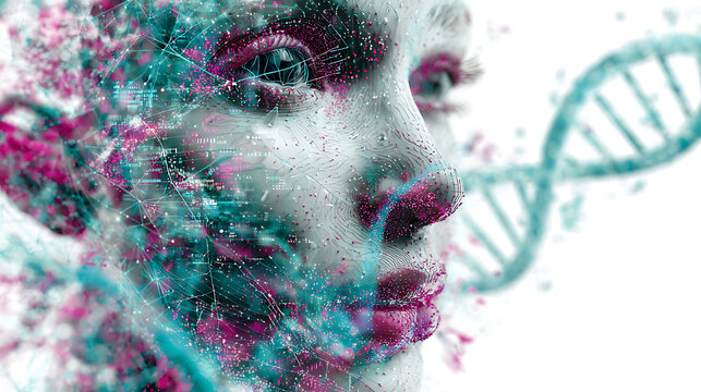 Genetic AI Interface Visualizing Surreal Human Evolution with DNA and Digital Code for Bio - Tech Innovation - Powered by Adobe