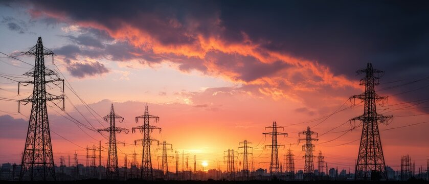 Power lines stretching across a vibrant sunset - Powered by Adobe
