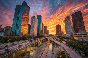 City skyline at fiery sunset