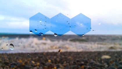 Rain-streaked window reveals blurry ocean waves crashing on a pebbled shore